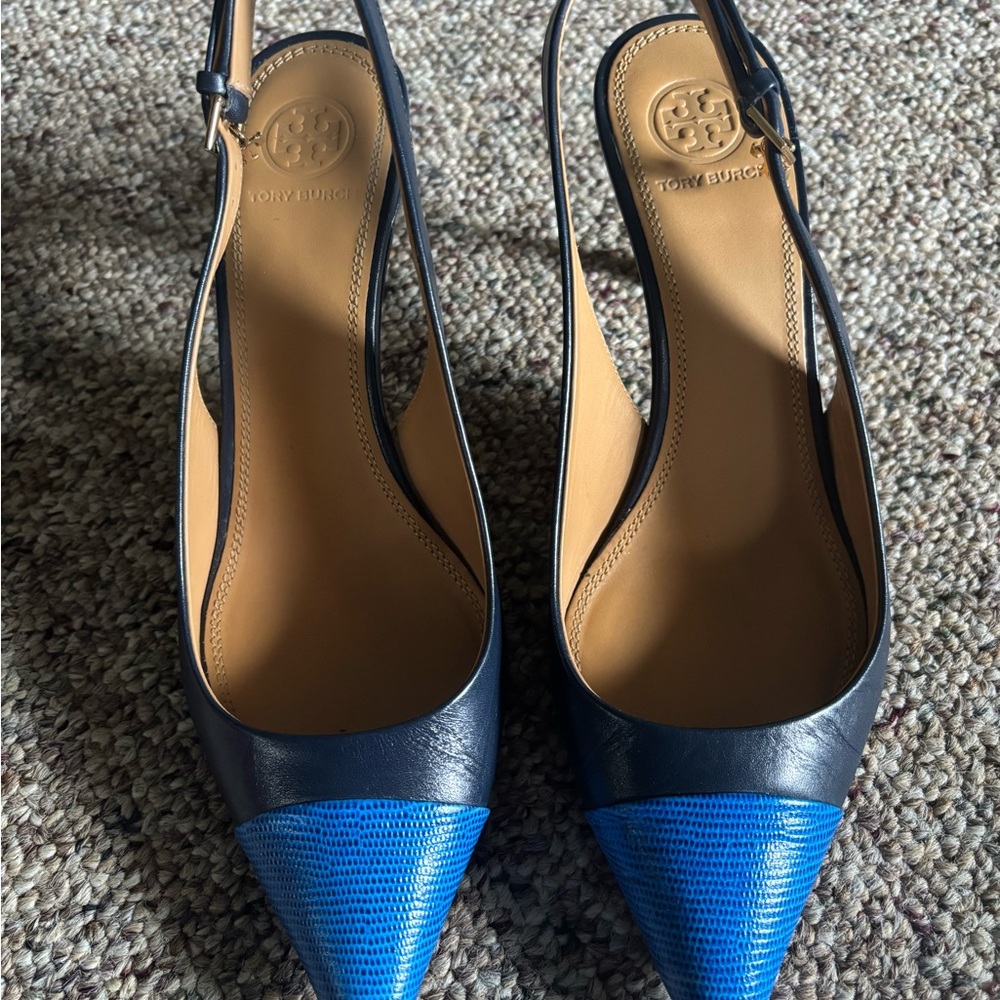 Tory Burch Ink Navy/Bright Tropical Blue Penelope Slingback Heels